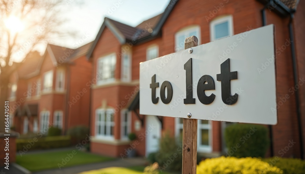 Obraz premium Estate agency To Let sign displayed in front of modern brick houses. Suburban street setting with green lawn and bushes. Sunny day enhances the residential property for sale or rent.