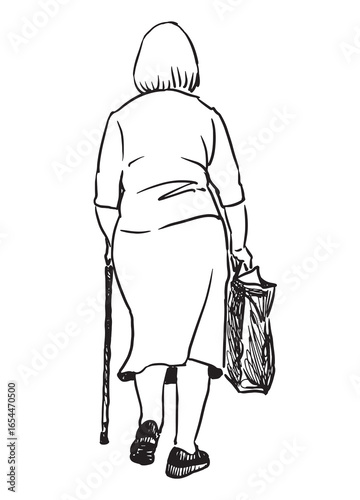 Elderly woman with cane and bag walking outdoors alone, rear view, realistic contour hand drawing