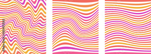 Groovy Distorted Stripes, Acid Vector Background, Abstract Geometric Texture, set of 3 retro poster backgrounds