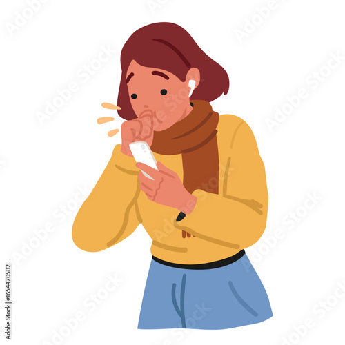 Woman character with strong cough looking at smartphone screen searching information about symptom