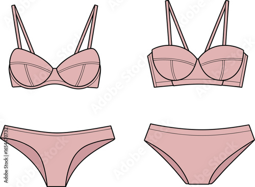Lingerie bra and panty flat sketch, vector underwear design, front and back view, fashion technical drawing, apparel template, outline
