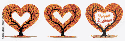 Three Heart Shaped Trees with Autumnal Leaves; Happy Birthday Tree on White Background