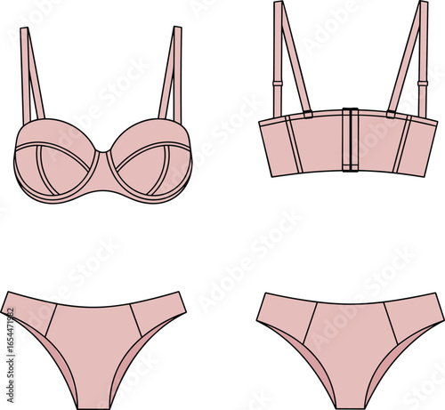 Lingerie set flat sketch, front and back view, bra and panty vector, fashion technical drawing, apparel design, underwear outline