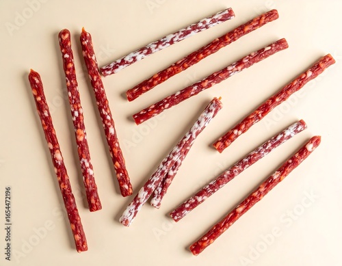Arrangement of tasty dried sausage sticks with visible marbling on a plain backdrop