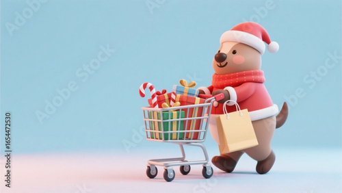 A cartoon dog wearing a Santa hat and scarf pushes a shopping cart full of Christmas gifts, holding a shopping bag.