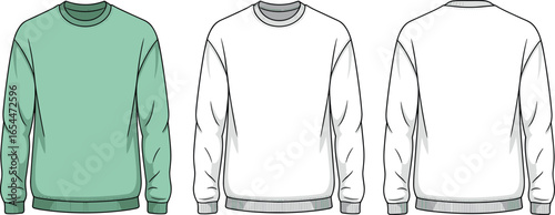 Men’s crew neck sweatshirt flat sketch, fashion technical illustration, front and back view, fleece template, vector clothing design drawing