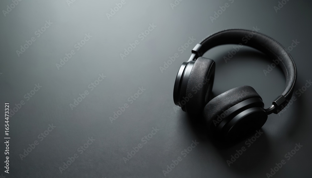 Pair of black over-ear headphones with blank earpieces rests on smooth dark surface. Minimalist composition ideal for mockups, audio accessories technology branding. Offers ample copyspace for custom