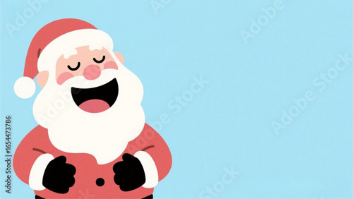 Cartoon Santa Claus laughing, with a light blue background.