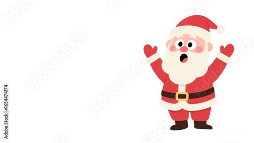 Cartoon Santa Claus with arms raised, expressing surprise against a plain white background.