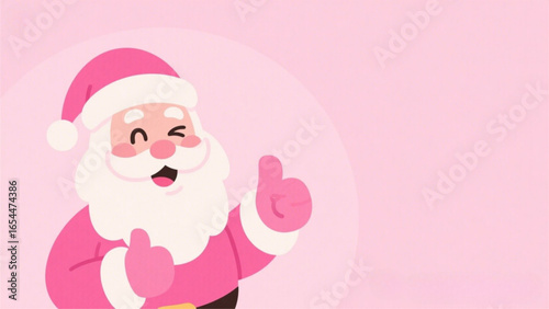 Cartoon Santa Claus giving a thumbs up against a soft pink background.