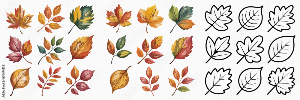Obraz premium Watercolor Autumn Leaves Collection with Black and White Outlines on a White Background