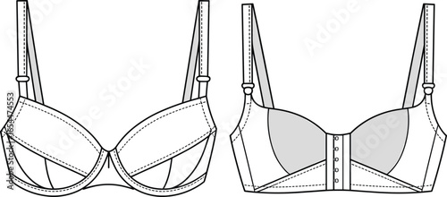 Padded underwire bra technical flat sketch, front and back view, fashion template for lingerie design, apparel illustration, garment mockup