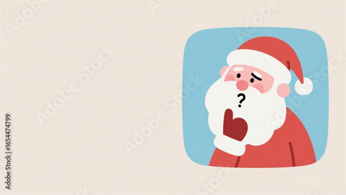 Santa Claus with a questioning expression, holding a red mitten, in a light-blue square.