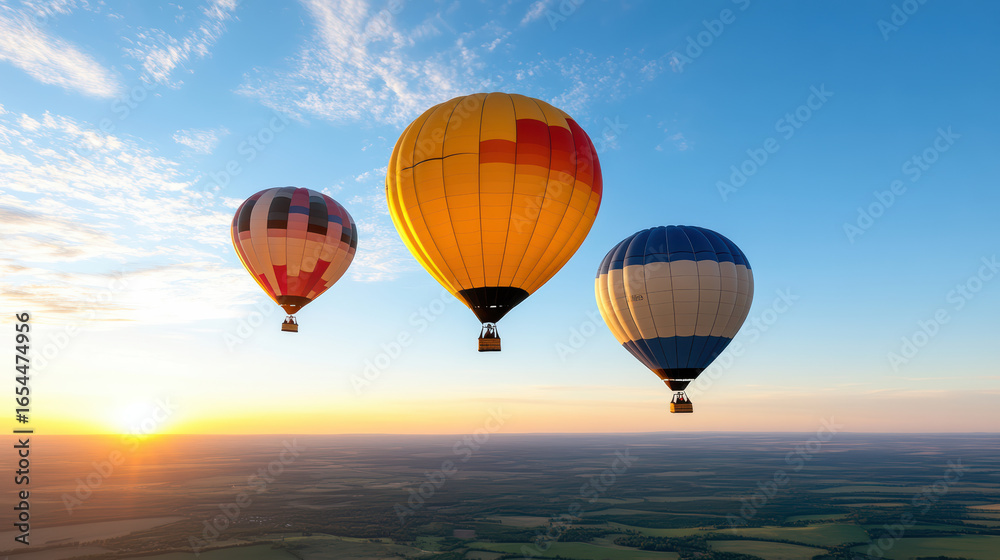 Obraz premium Colorful hot air balloons soaring in sky during sunrise, creating serene atmosphere