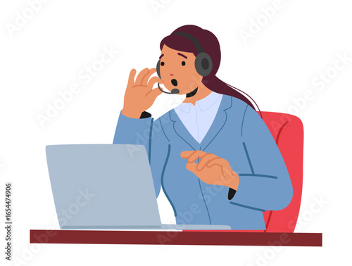 Woman cartoon character working at online crisis hotline providing quality psychological support