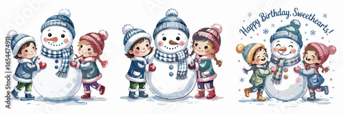 Watercolor Cartoon Illustration Smiling Children Building Snowmen for a Happy Birthday Winter Celebration