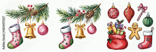 Watercolor Christmas Illustrations Stockings, Ornaments, Bells, Candy Cane, Gingerbread Man, and Christmas Tree Branches