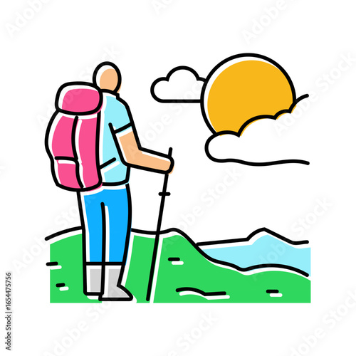 sunrise nordic walker walking color icon vector illustration