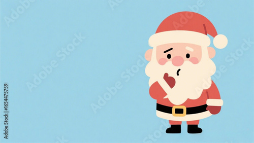 Cartoon Santa Claus with a thoughtful expression, set against a light blue background.