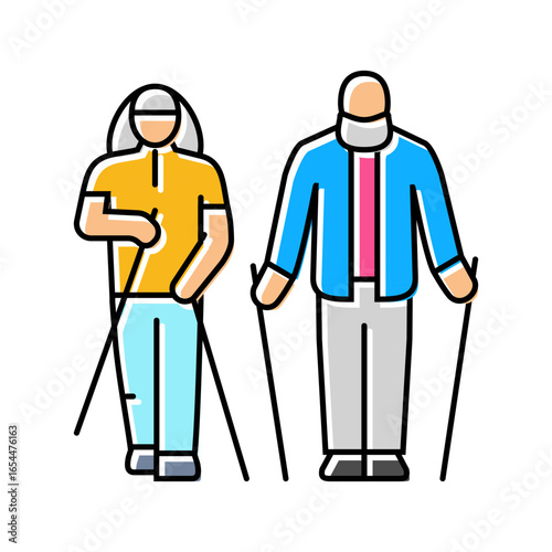 elderly couple nordic walking color icon vector illustration