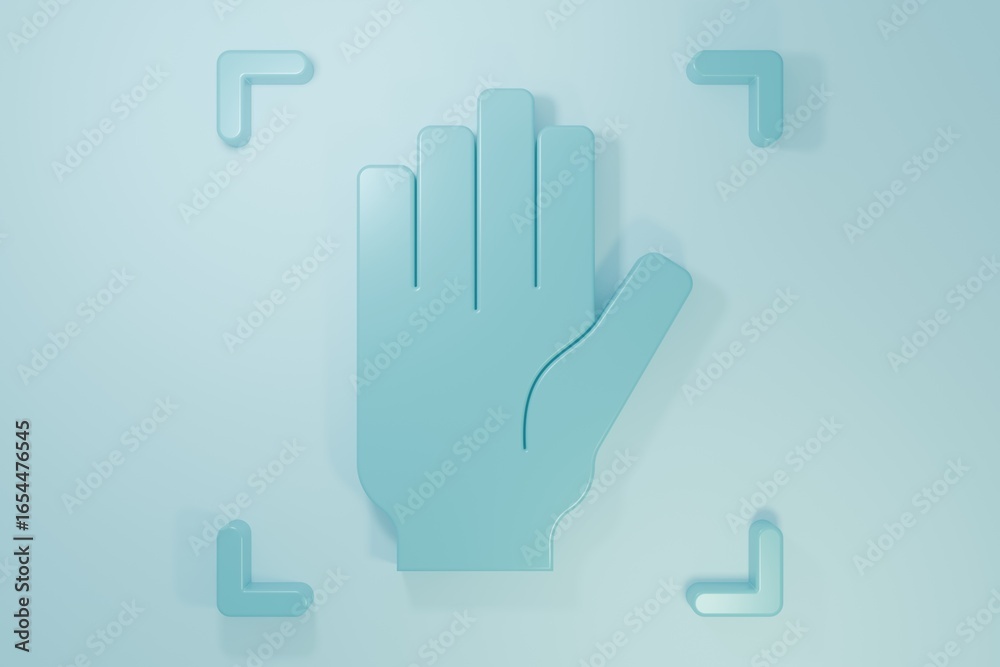 Obraz premium Blue Palm print recognition icon isolated on blue background. Biometric hand scan. Fingerprint identification. System recognition and verification. Minimalism concept. 3D render illustration