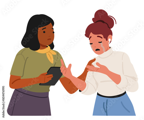 Woman comforting sad crying female friend showcasing empathy and compassion isolated on white