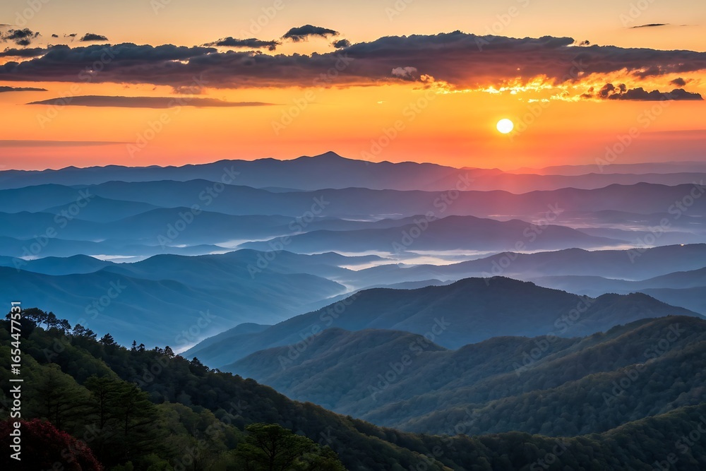 Obraz premium sunset over a mountain range with trees and clouds in the sky