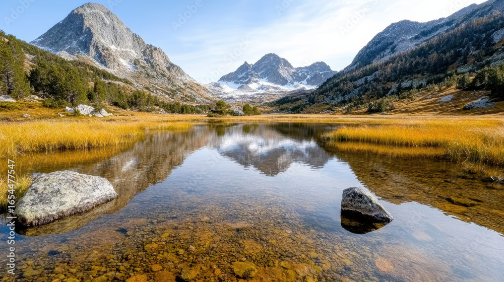Obraz premium Crisp mountain lake with reflections and golden grass under clear sky