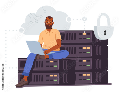 Man character engaged in database backup process using services of cloud computing big data server