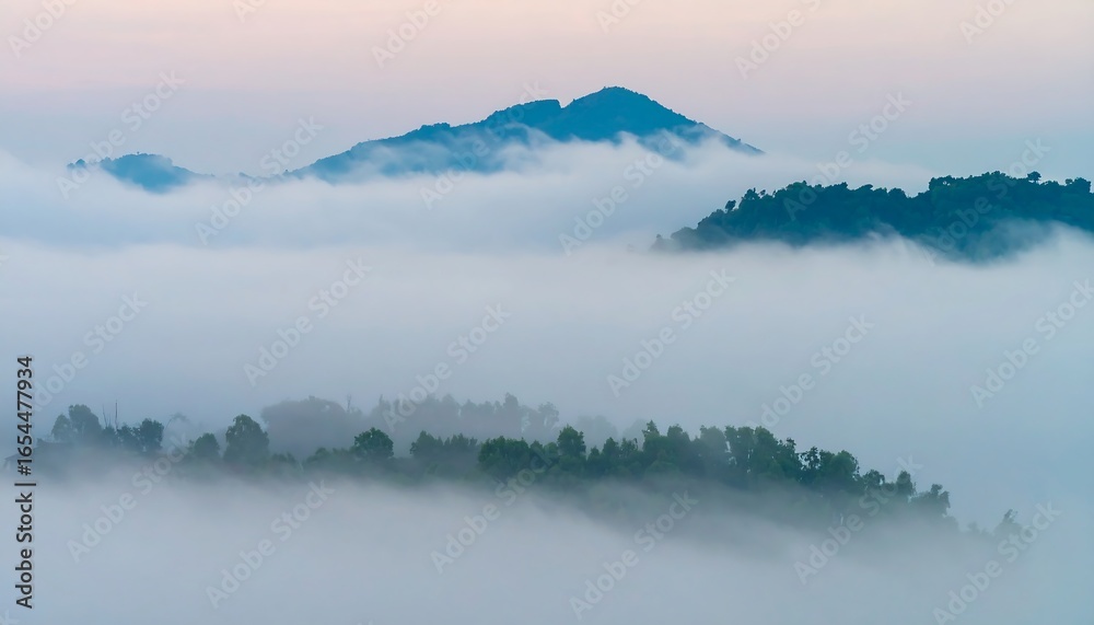 Fototapeta premium Misty mountain landscape, featuring layered hills veiled in soft, pastel-hued clouds, showcasing a tranquil and serene atmosphere.