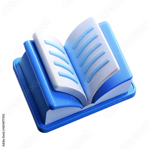 Stylized 3d open book with blue pages and cover on black background