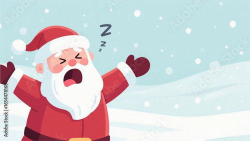 Cartoon Santa Claus yawning and stretching in snowy landscape.