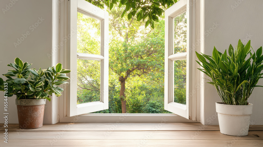 Fototapeta premium Fresh air flows through open window, revealing vibrant garden with lush greenery and potted