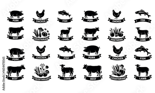 Black food labels with meat fish chicken and vegetable icons for farm product packaging
