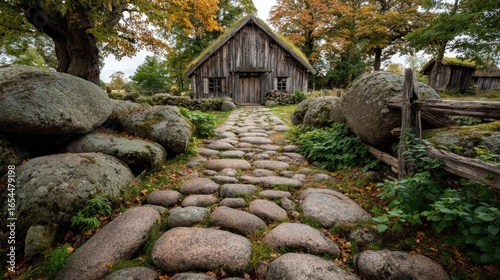 Rustic wooden cottage nestled on a stone-paved path. Autumnal colors and large boulders line the path
