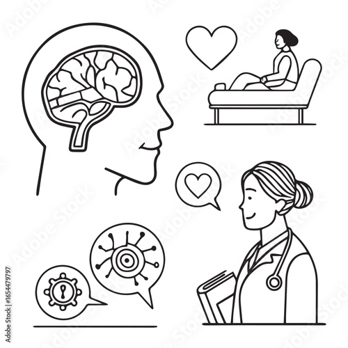 Mental Health and well-being illustration: A visual narrative exploring the complexities of mental wellness, showcasing key elements related to emotional support, cognitive function.