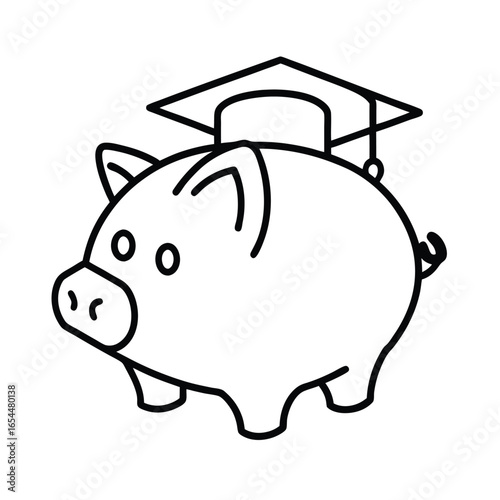 Piggy Bank with Graduation Cap Line Art Version Two