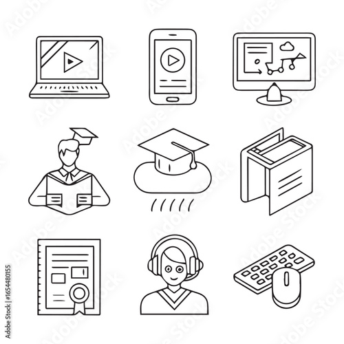 E-Learning icons: A curated set of monochrome digital icons, showcasing essential e-learning elements. Icons are clean-lined and perfect for education resources. 