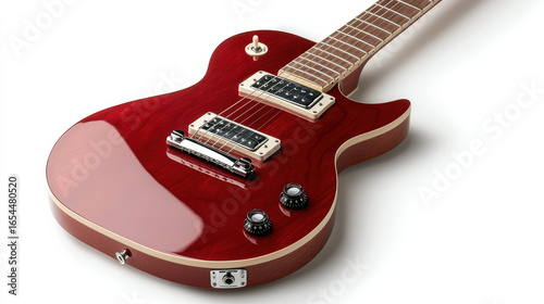 Glossy red electric guitar with sleek design and detailed features, perfect for musicians