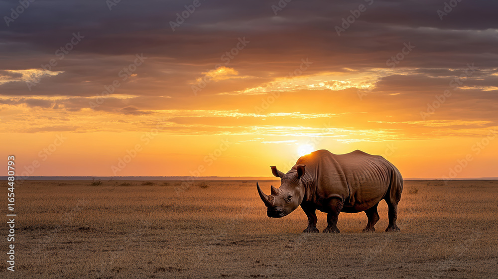 Fototapeta premium Majestic rhino standing strong against golden African sunset, showcasing nature beauty