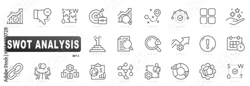 SWOT analysis line icons for business strategy and planning, matrix quadrants, strengths, weaknesses, opportunities, threats, KPI performance, optimization, management workflow