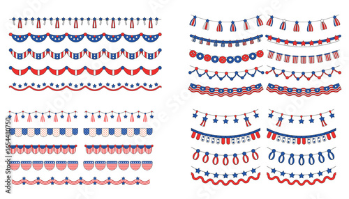Patriotic usa bunting garlands in red white and blue colors for festive celebration decoration
