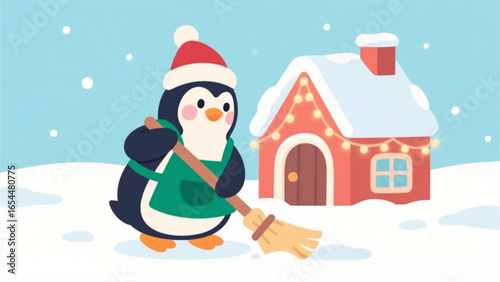 A cartoon penguin wearing a Santa hat and apron sweeps snow in front of a decorated winter house.