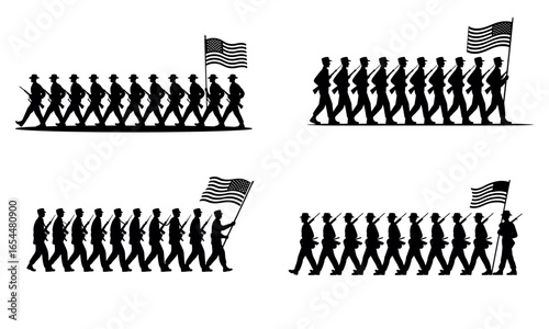 Silhouette of usa soldiers marching with american flag for patriotic independence day design
