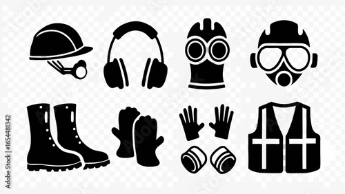 Essential safety gear: Workwear icons for construction, industry, and protection with clear line design