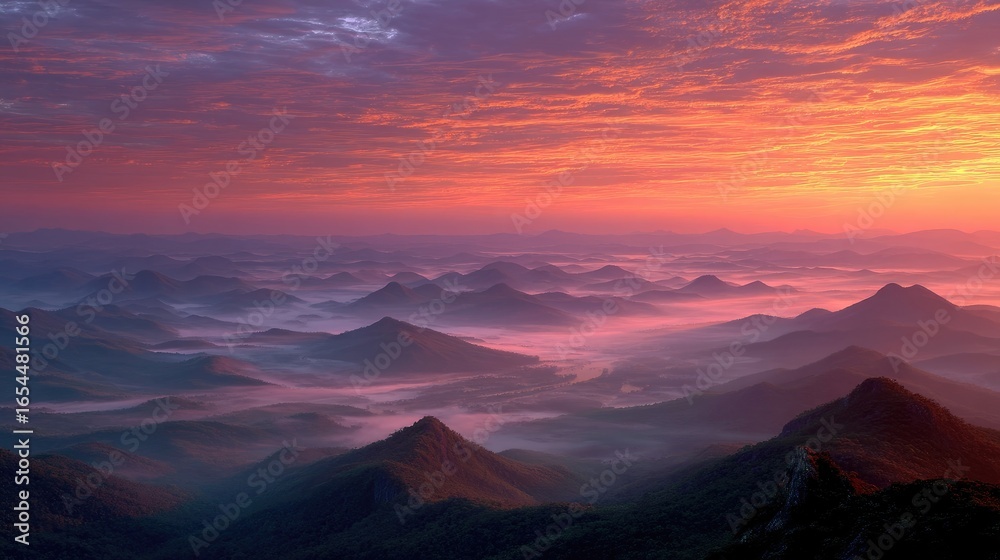 Obraz premium and keyword list based on the imageSunset Glows Over Mountains with Foggy Valleys in Vista