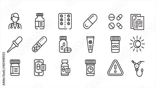 Medical and healthcare icons with doctor and pills