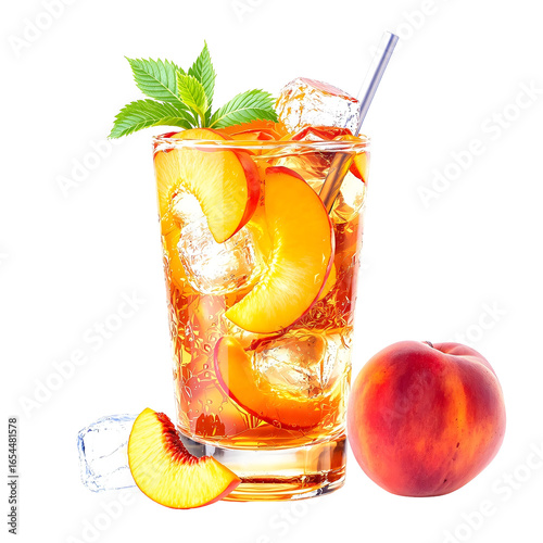 A refreshing glass of homemade peach iced tea garnished with fresh fruit slices and mint leaves, isolated on a white background.