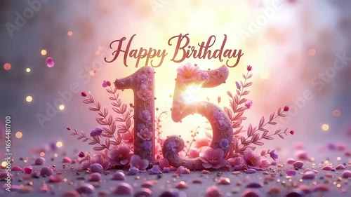 15th birthday celebration scene featuring floral number 15, elegant Happy Birthday script, scattered petals and leaves, and soft glowing bokeh background

