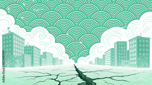 Ground cracks open beneath you as massive earthquake shakes city, revealing tension between nature and urban life